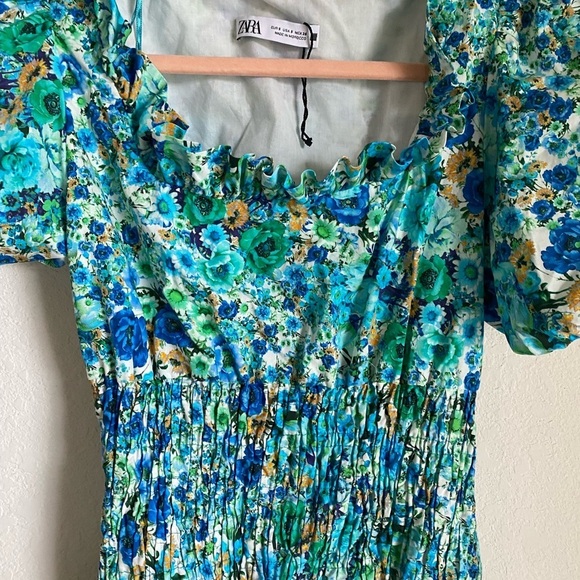 Zara Floral Print Smocked Bodice Ruffle Hem Square Neck Puff Sleeve Mini Dress S - Picture 4 of 14